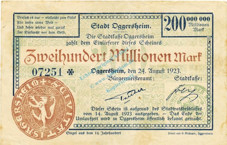 Oggersheim , Banknote 200 Millionen Mark Schein gbr. Keller 4142.e , Pfalz 1923 Inflation
