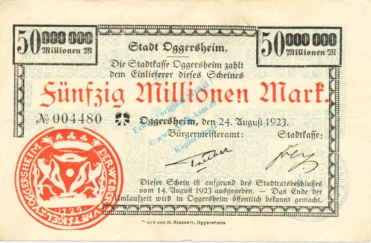 Oggersheim , Banknote 50 Millionen Mark Schein gbr. Keller 4142.e , Pfalz 1923 Inflation