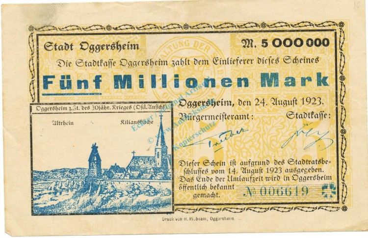 Oggersheim , Banknote 5 Millionen Mark Schein gbr. Keller 4142.e , Pfalz 1923 Inflation