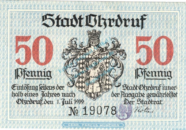 Ohrdruf , Notgeld 50 Pfennig Schein unc-kfr. Ti.5350.05.82 , Thüringen 1919 Verkehrsausgabe