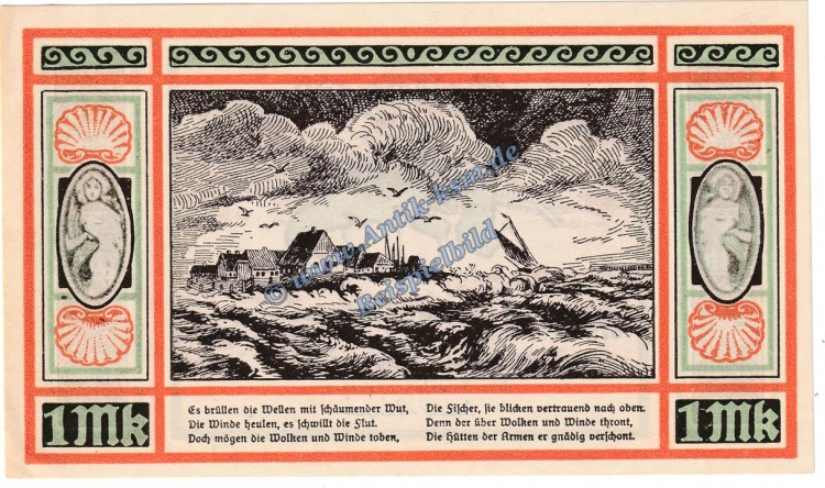 Oland Hallig , Notgeld 1 Mark Schein -orange- in kfr. M-G 1013.1 , Schleswig Holstein 1921 Seriennotgeld