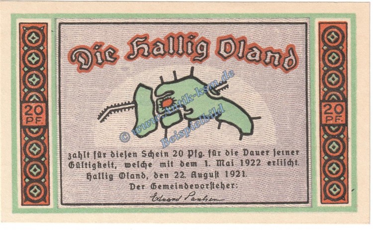 Oland Hallig , Notgeld 20 Pfennig Schein -orange- in kfr. M-G 1013.1 , Schleswig Holstein 1921 Seriennotgeld