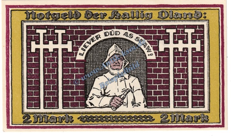 Oland Hallig , Notgeld 2 Mark Schein -violett- in kfr. M-G 1013.2 , Schleswig Holstein 1921 Seriennotgeld