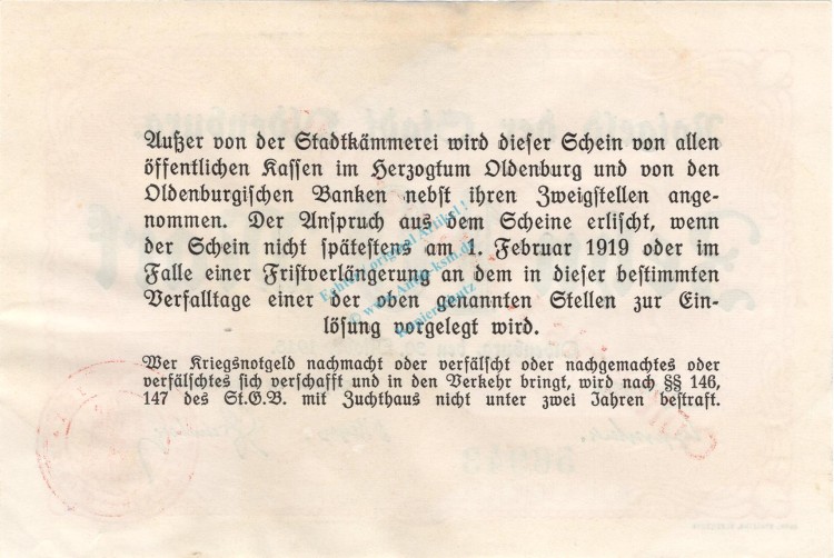 Oldenburg , Banknote 10 Mark --5,5 mm-- in L-gbr Geiger 399.1.a , Niedersachsen 1918 Grossnotgeld