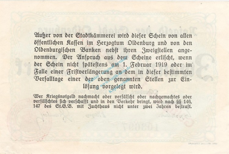 Oldenburg , Banknote 20 Mark --5,5 mm-- in unc-kfr Geiger 399.2.a , Niedersachsen 1918 Grossnotgeld