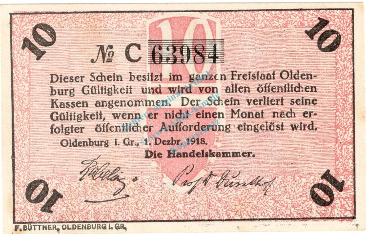 Oldenburg , Notgeld 10 Pfennig Schein in unc-kfr. Ti.5370.05.01 , Niedersachsen 1918 Verkehrsausgabe