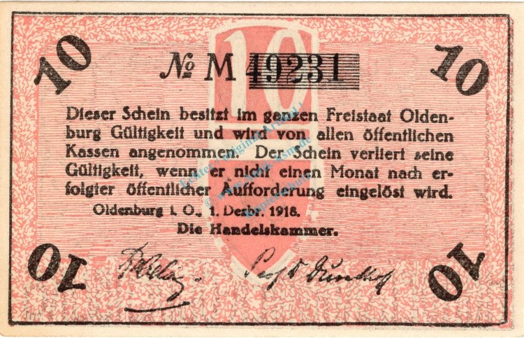 Oldenburg , Notgeld 10 Pfennig Schein unc-kfr. Ti.5370.05.15 , Niedersachsen 1918 VOldenburg , Notgeld 10 Pfennig Schein unc-kfr. Ti.5370.05.15 , Niedersachsen 1918 Verkehrsausgabeerkehrsausgabe