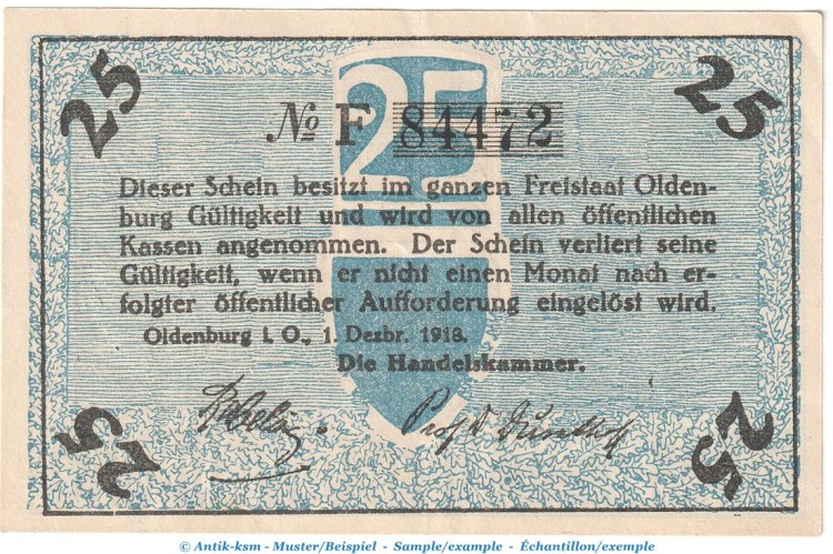 Oldenburg Notgeld , 25 Pfennig Schein in kfr. Tieste 5370.05.11 von 1918 , Niedersachsen Verkehrsausgabe