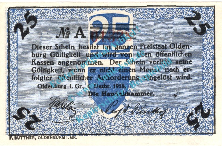 Oldenburg , Notgeld 50 Pfennig Schein in kfr. Tieste 5370.05.02 , Niedersachsen 1918 Verkehrsausgabe
