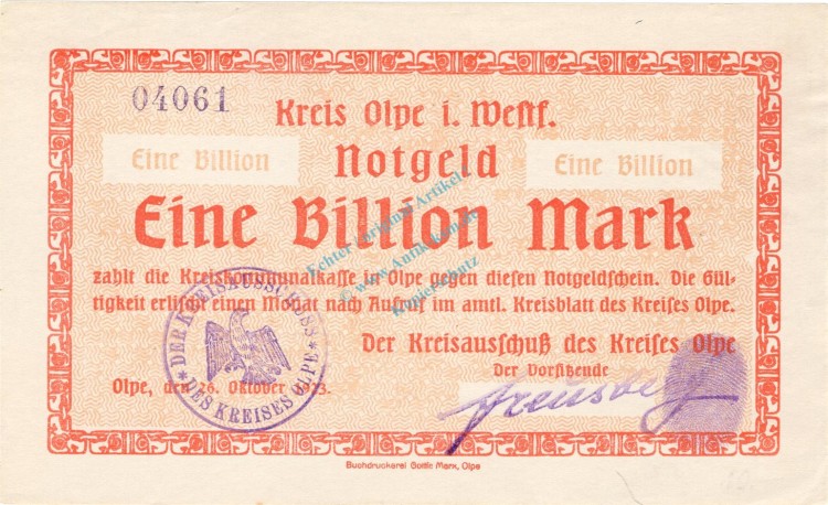 Olpe , Banknote 1 Billion Mark Schein unc-kfr. Keller 4175.g , Westfalen 1923 Inflation