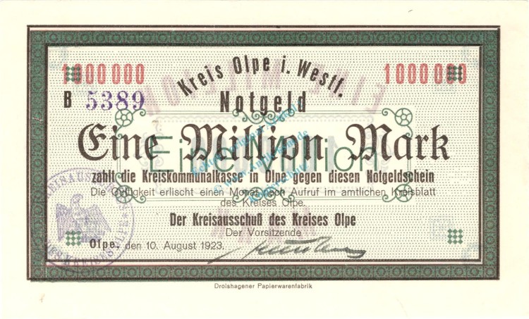 Olpe , Banknote 1 Million Mark Schein unc-kfr. Keller 4175.b , Westfalen 1923 Inflation