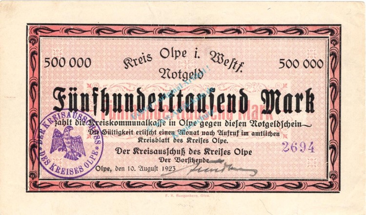 Olpe , Banknote 500.000 Mark Schein L-gbr. Keller 4175.a , Westfalen 1923 Inflation