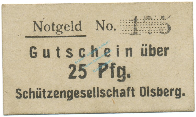 Olsberg , Notgeld 25 Pfennig Schein unc-kfr. Tieste 5385.05.01 , Westfalen o.D. Verkehrsausgabe