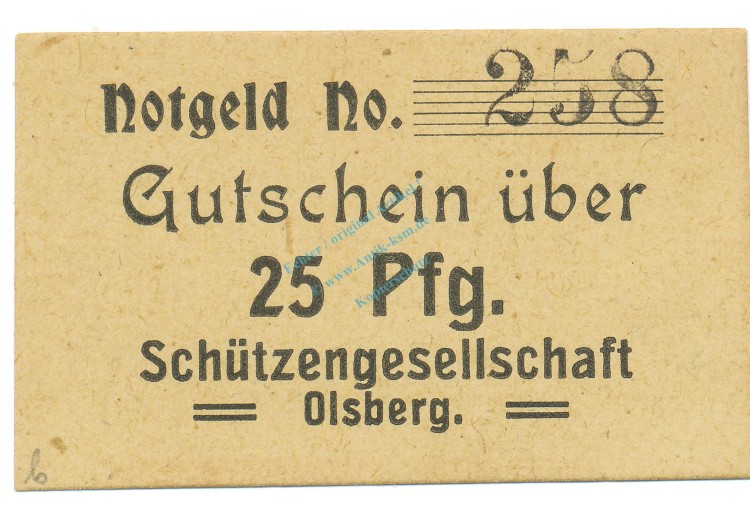 Olsberg , Notgeld 25 Pfennig Schein unc-kfr. Tieste 5385.05.05 , Westfalen o.D. Verkehrsausgabe