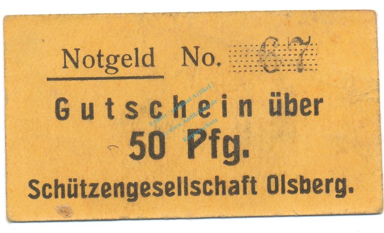 Olsberg , Notgeld 50 Pfennig Schein unc-kfr-. Tieste 5385.05.02 , Westfalen o.D. Verkehrsausgabe