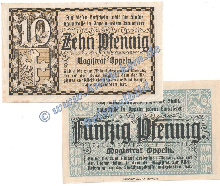 Oppeln , Notgeld Set mit 2 Scheinen in kfr. Tieste 5400.10.15-16 , Schlesien o.D. Verkehrsausgabe  