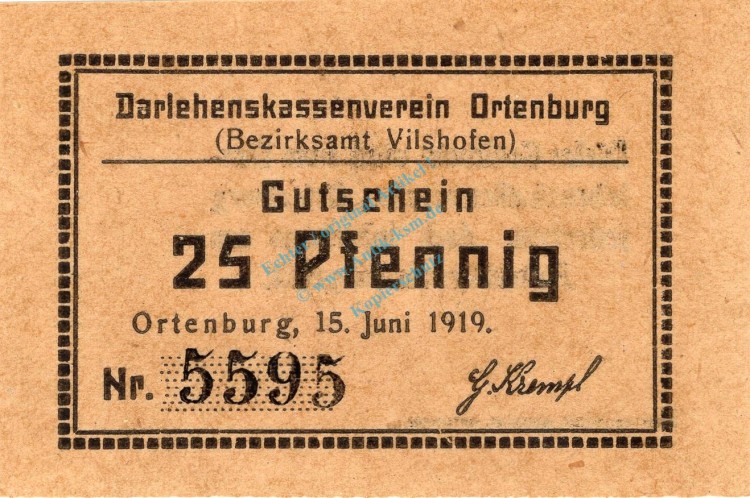 Ortenburg , Notgeld 25 Pfennig -hellbraun- unc-kfr. Ti.5420.05.10 , Bayern 1919 Verkehrsausgabe