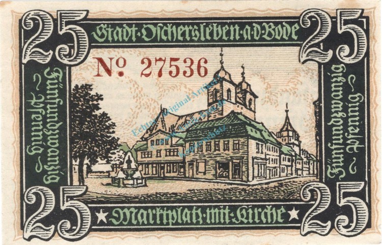Oschersleben , Notgeld 25 Pfennig Schein KN-5 unc-kfr. M-G 1028.2.b , Sachsen Anhalt 1920 Seriennotgeld