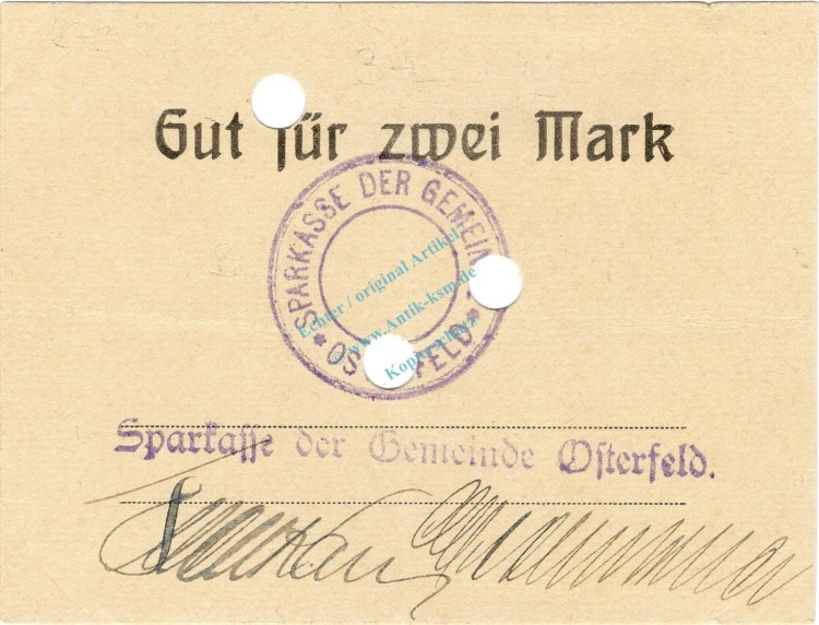 Osterfeld , Notgeld 1 Mark Schein gbr. Diessner 279.3 , Westfalen o.D. Notgeld 1914-15