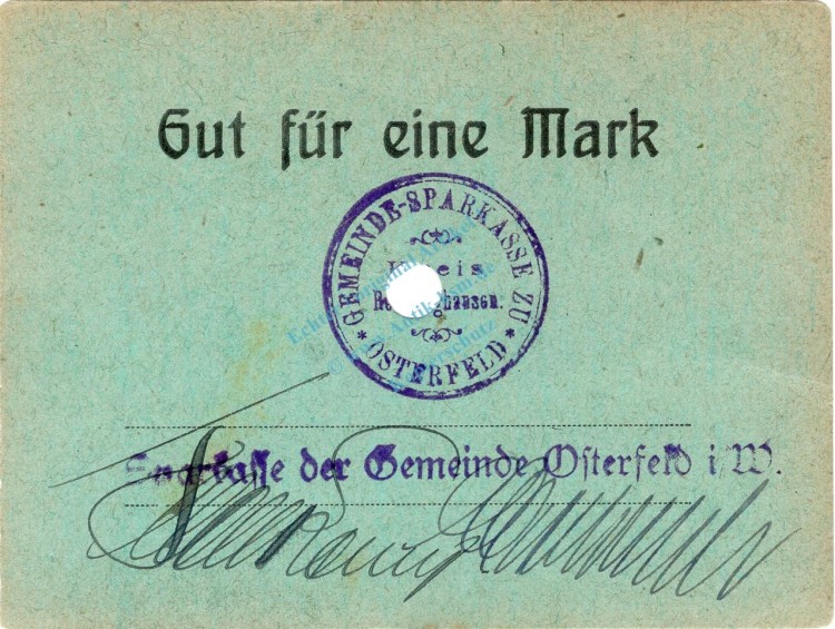 Osterfeld , Notgeld 1 Mark Schein unc-kfr. Diessner 279.2 , Westfalen o.D. Notgeld 1914-15