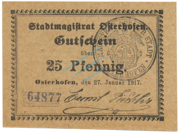 Notgeld Osterhofen , Einzelschein üaber 25 Pfennig , Tieste 5445.180 , von 1917 , Bayern Verkehrsausgabe