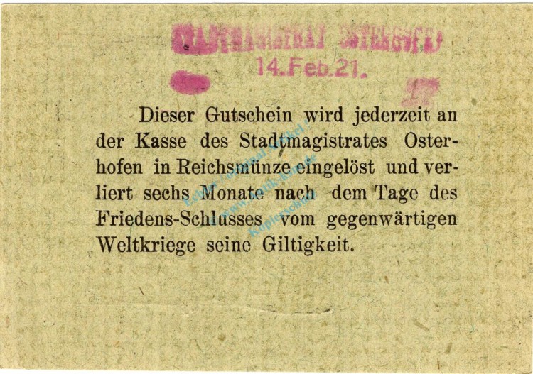Osterhofen , Notgeld 50 Pfennig Schein in unc-kfr. Ti.5445.05.030 , Bayern 1917 Verkehrsausgabe