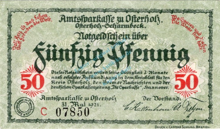 Osterholz , Notgeld 50 Pfennig Schein -C- unc-kfr. Ti.5450.05.21 , Niedersachsen 1921 Verkehrsausgabe