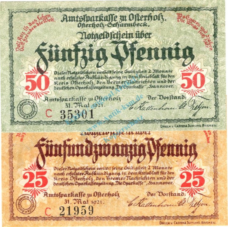 Osterholz , Notgeld Set mit 2 Scheinen -C- unc-kfr. Ti.5450.05.20-21 , Niedersachsen 1921 Verkehrsausgabe
