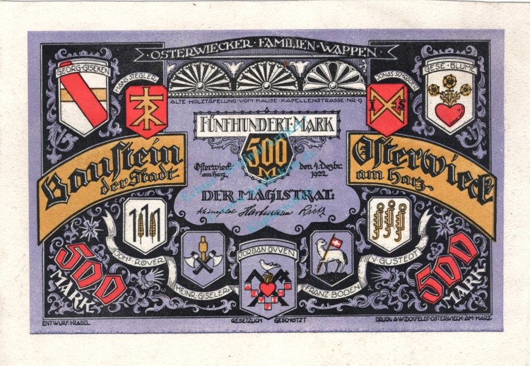 Osterwieck , Notgeld 500 Mark Leder Schein in kfr. M-G 1037.10.b , Sachsen Anhalt 1922 Seriennotgeld
