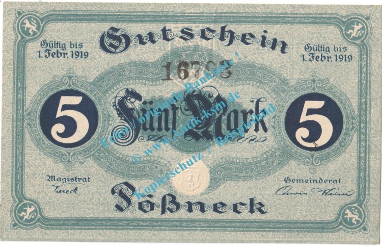 Pößneck , 5 Mark Notgeld Schein in kfr. Geiger 420.01.d , Thüringen 1918 Grossnotgeld