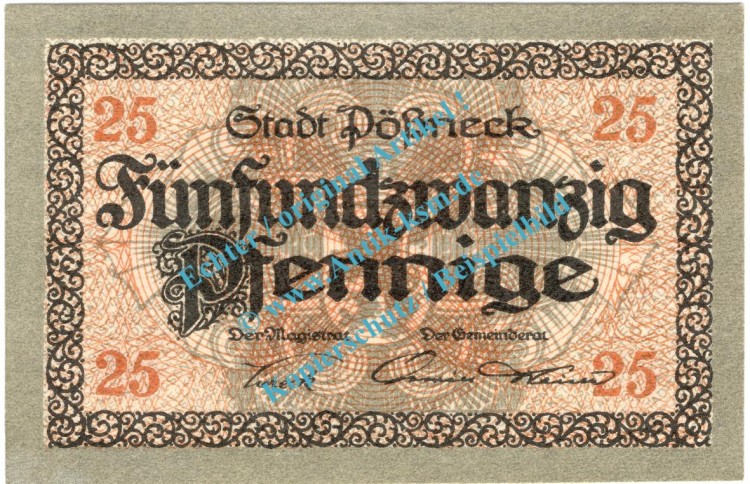 Pössneck , Notgeld 25 Pfennig -Wz.- in kfr. Tieste 5695.05.16 , Thüringen o.D. Verkehrsausgabe