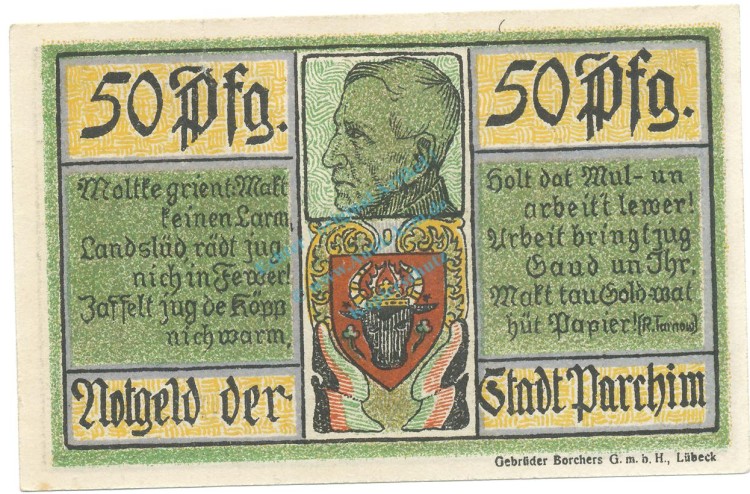 Parchim , Notgeld 50 Pfennig Schein unc-kfr. Tieste 5500.05.15 , MVS 1921 Verkehrsausgabe -4143-