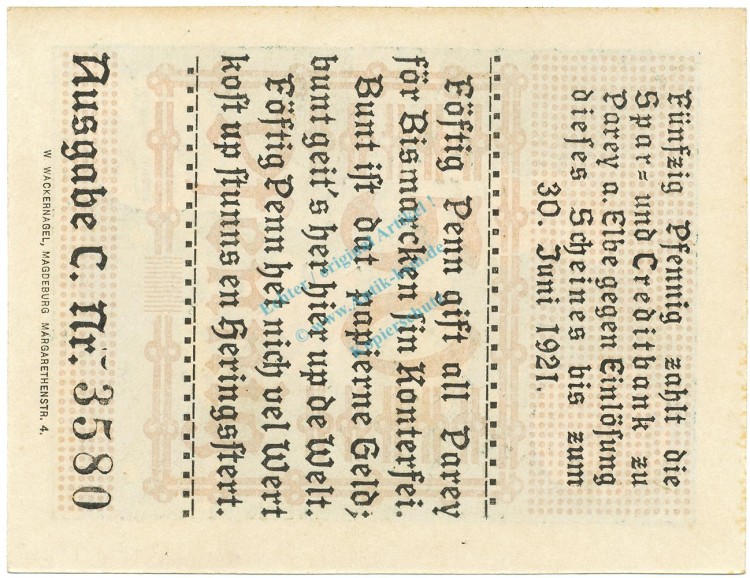 Parey , Notgeld 50 Pfennig Schein unc-kfr. M-G 1047.1.c , SA 1921 Seriennotgeld -5763-