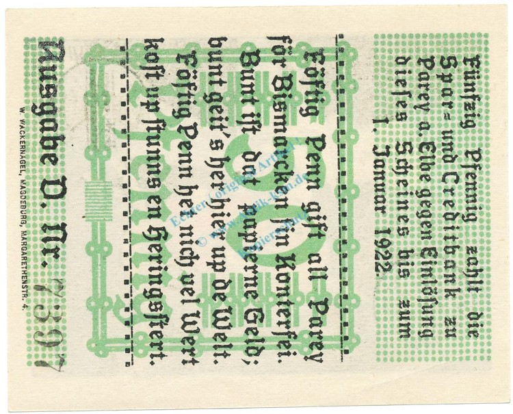 Notgeld Parey a. d. Elbe 1047.2 , 50 Pfennig Schein in kfr. von 1921 , Niedersachsen Seriennotgeld
