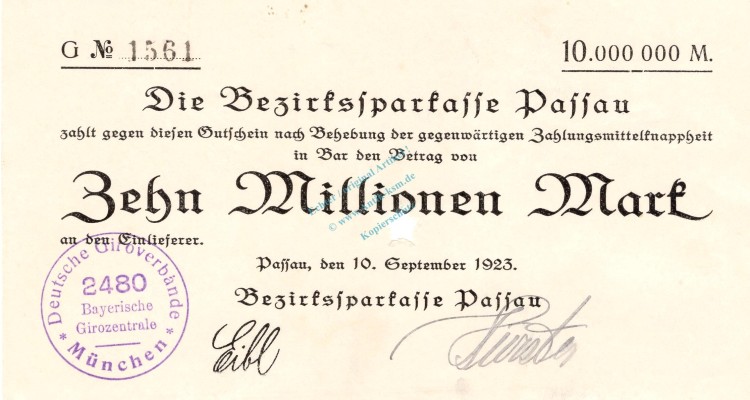 Passau , Banknote 10 Millionen Mark Schein unc-kfr.E Keller 4249.G , Bayern 1923 Inflation