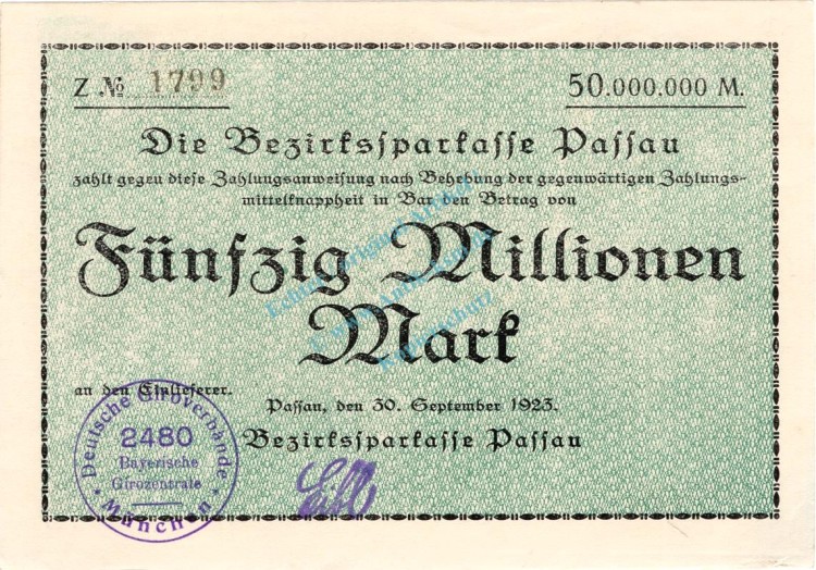 Passau , Banknote 50 Millionen Mark Schein unc-kfr. Keller 4249.h-i , Bayern 1923 Inflation