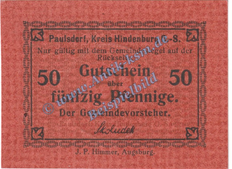 Paulsdorf , Notgeld 50 Pfennig Schein in kfr. Tieste 5525.05.10 , Oberschlesien o.D. Verkehrsausgabe