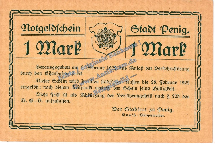 Penig , Notgeld 1 Mark Schein in kfr. Tieste 5550.05.01 , Sachsen 1922 Verkehrsausgabe