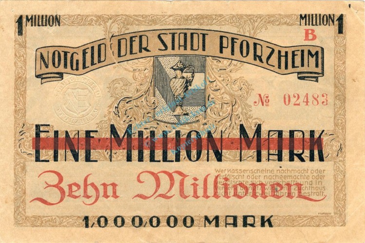 Pforzheim , Überdruck 10 Millionen Mark Schein gbr. Keller 4292.g , Baden 1923 Inflation