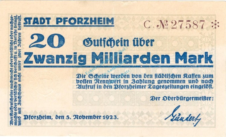 Pforzheim , Banknote 20 Milliarden Mark Schein gbr. Keller 4292.o , Baden 1923 Inflation