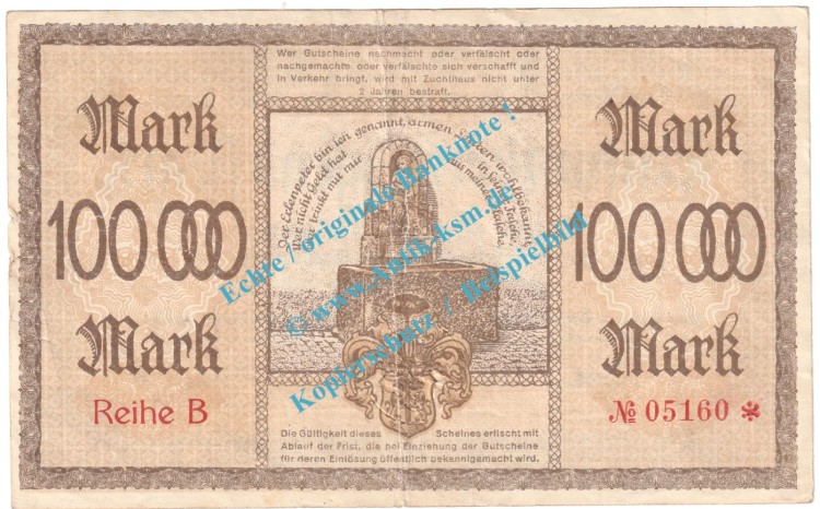 Pirna , Notgeld 100.000 Mark Schein in gbr. Keller 4316.a , Sachsen 1923 Grossnotgeld Inflation