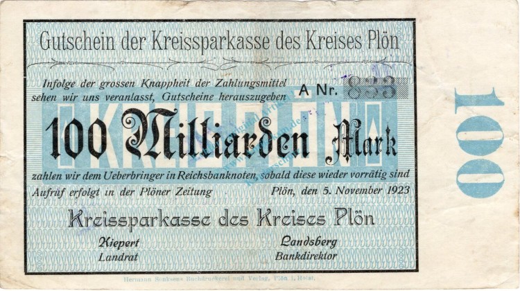 Plön , Banknote 100 Milliarden Mark Schein gbr. Keller 4348.f , Schleswig Holstein 1923 Inflation