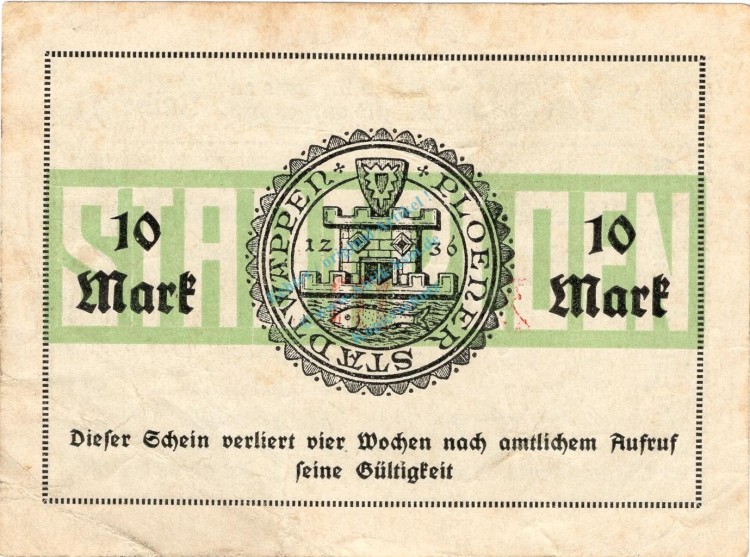 Plön , Banknote 10 Mark Schein in gbr. Müller 3620.1.a , Schleswig Holstein 1922 Inflation