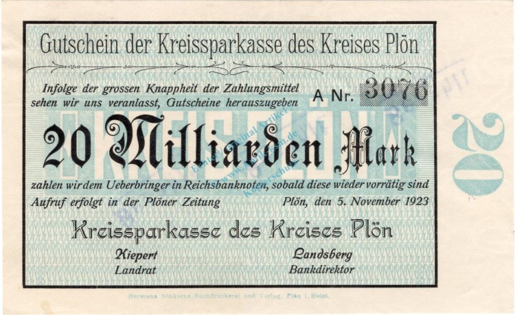 Plön , Banknote 20 Milliarden Mark Schein unc-kfr. Keller 4348.f , Schleswig Holstein 1923 Inflation