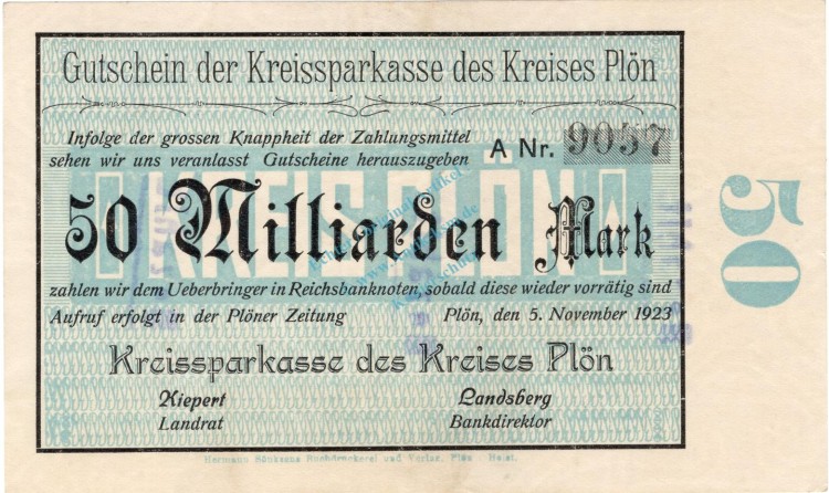 Plön , Banknote 50 Milliarden Mark Schein unc-kfr. Keller 4348.f , Schleswig Holstein 1923 Inflation