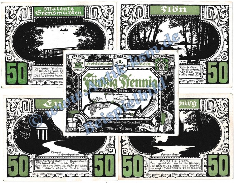 Plön , Notgeld Set mit 5 Scheinen in kfr. M-G 1063.3 , Schleswig Holstein o.D. Seriennotgeld