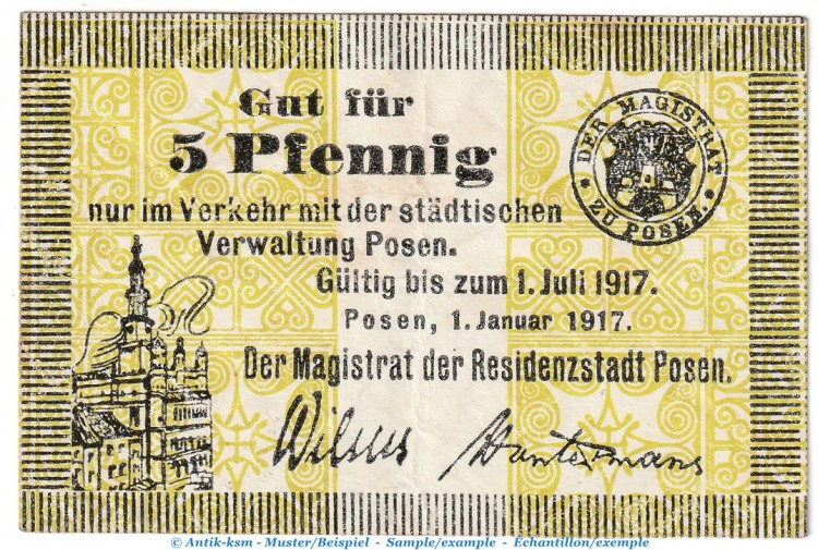 Posen , Tieste 5715.50.06 Notgeld 5 Pfennig Schein in gbr. von 1917 , Posen Verkehrsausgabe
