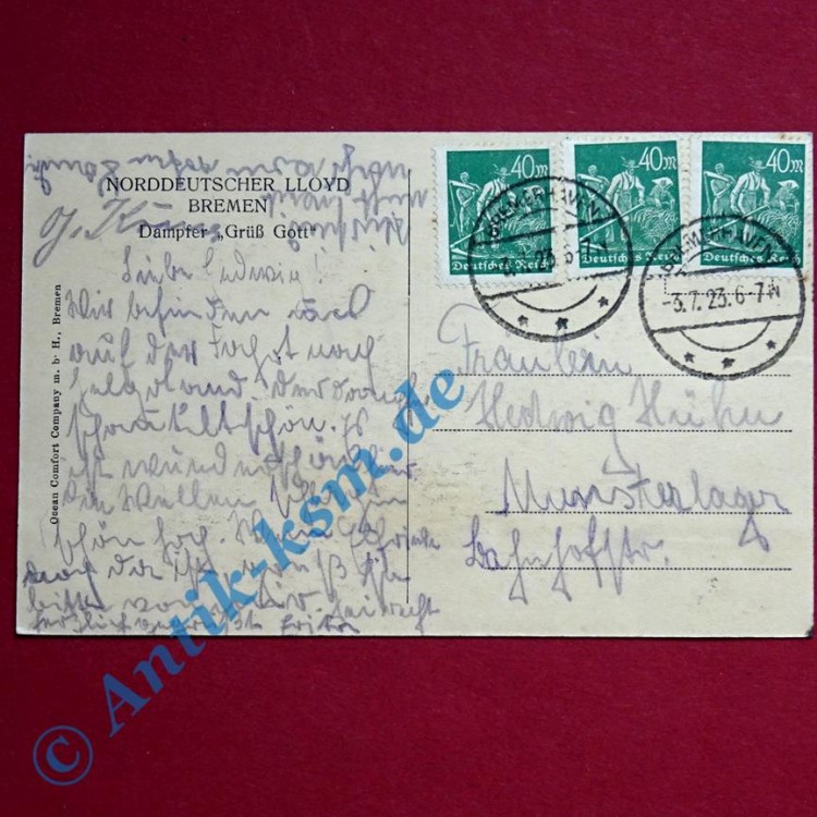Postkarte Ansichtskarte Bremen , Motiv Schiff Grüß Gott , gelaufen im Jahr 1923 , Niedersachsen
