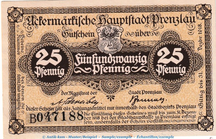 Prenzlau , Tieste 5755.10.05 Notgeld 25 Pfennig Schein in kfr. o.D. Brandenburg Verkehrsausgabe