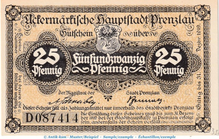 Prenzlau Tieste 5755.10.20 , Notgeld 25 Pfennig Schein D in kfr. o.D. Brandenburg Verkehrsausgabe